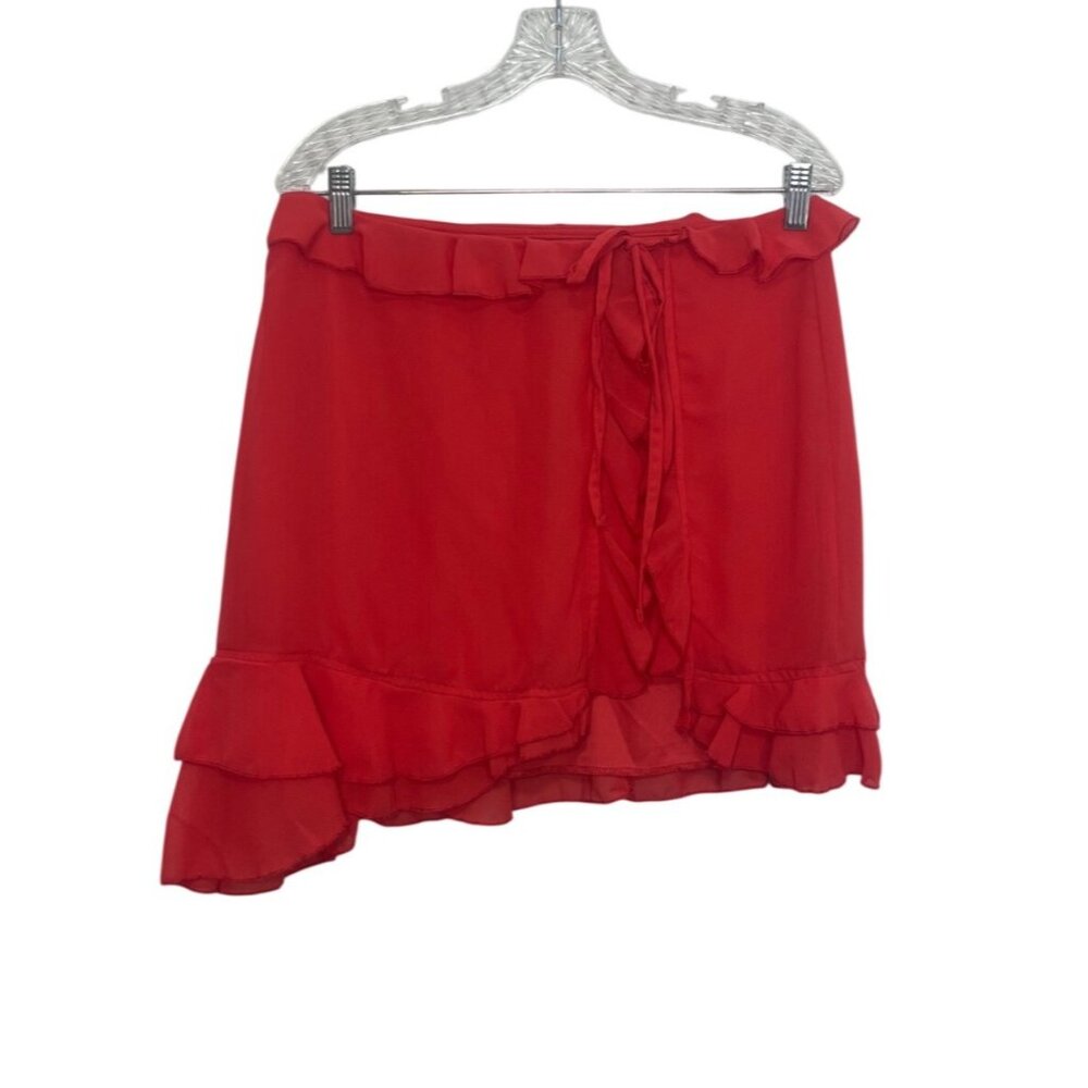 Prettylittlething Chiffon Frill Detail Split Mini Skirt Size 8 Tall Red New Ruff